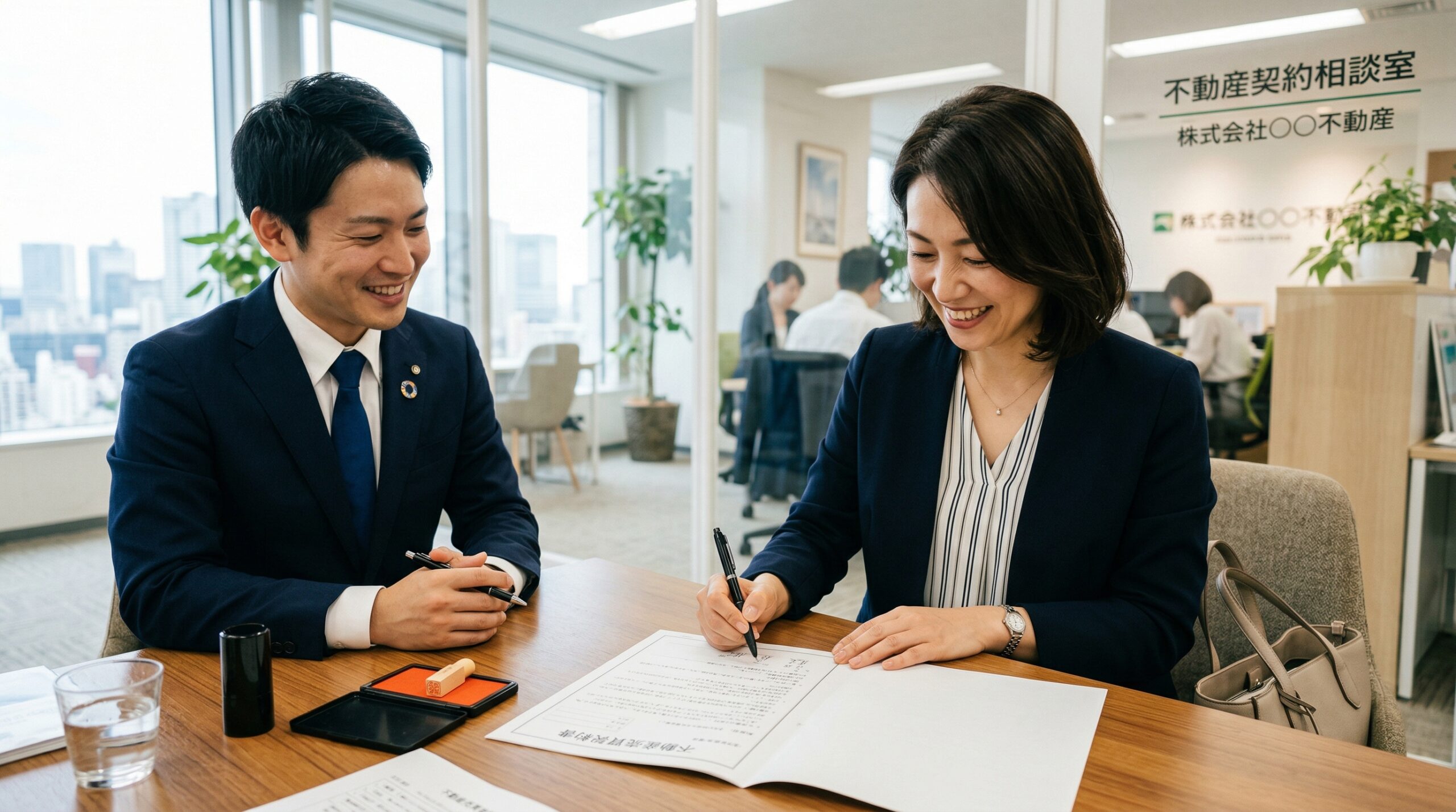 不動産契約書にサインする場面